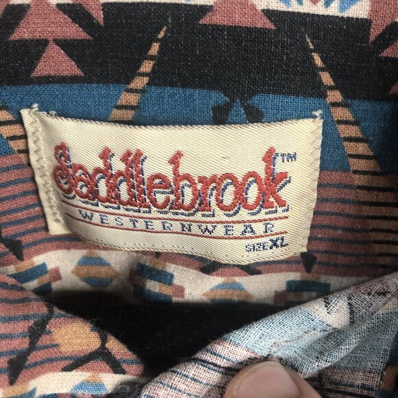 Vintage Saddlebrook Western Shirt Mens Extra Large Blue Tan Aztec Tribal Cowboy - Picture 6 of 16